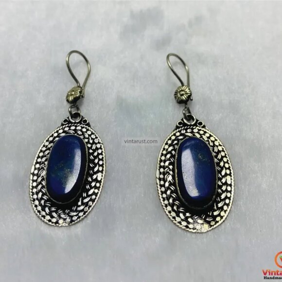 Traditional Lapis Lazuli Earrings: Oval Blue Gemstone Earrings Gift for Her - Picture 4 of 7